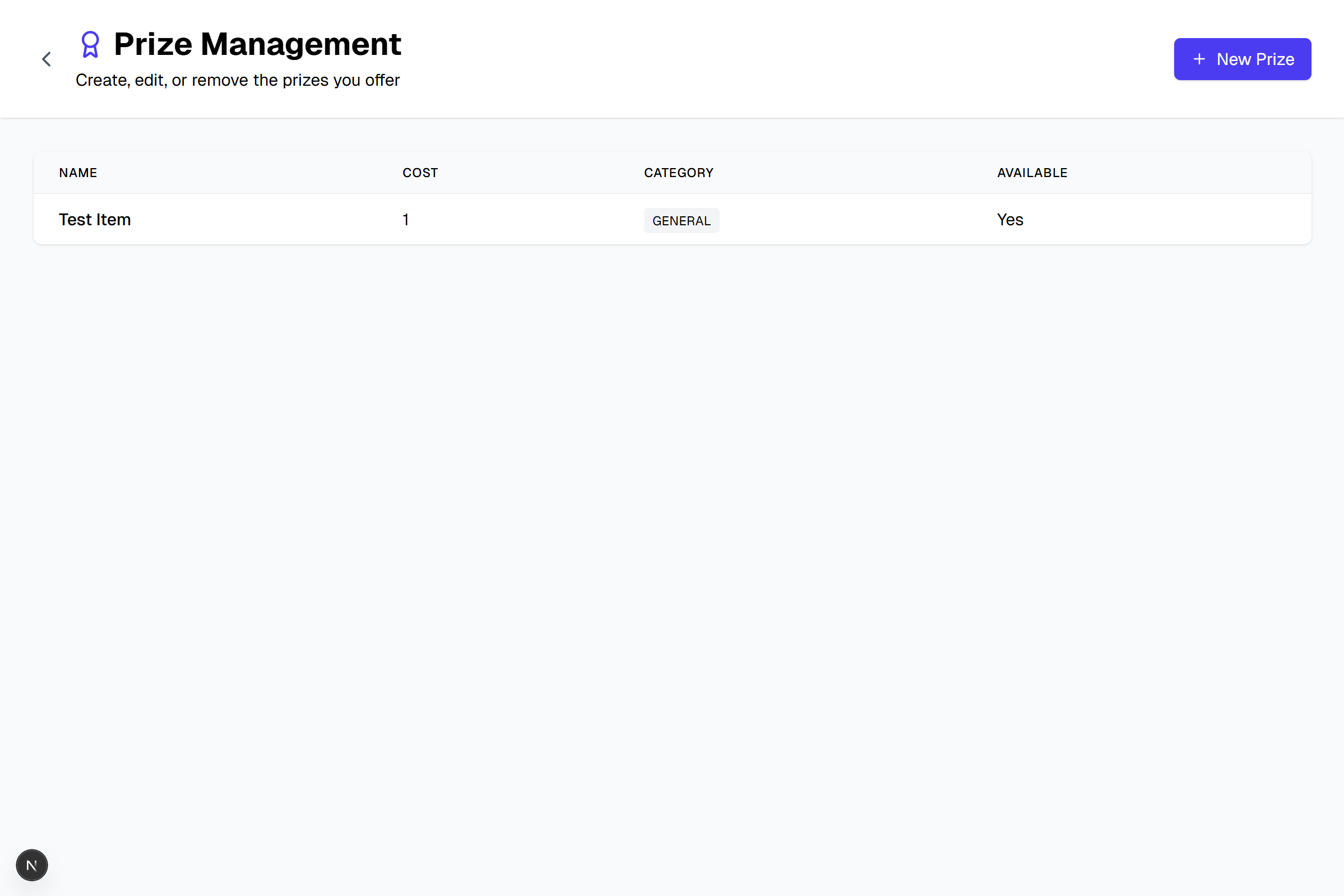 Prize Management view with prices and inventory controls