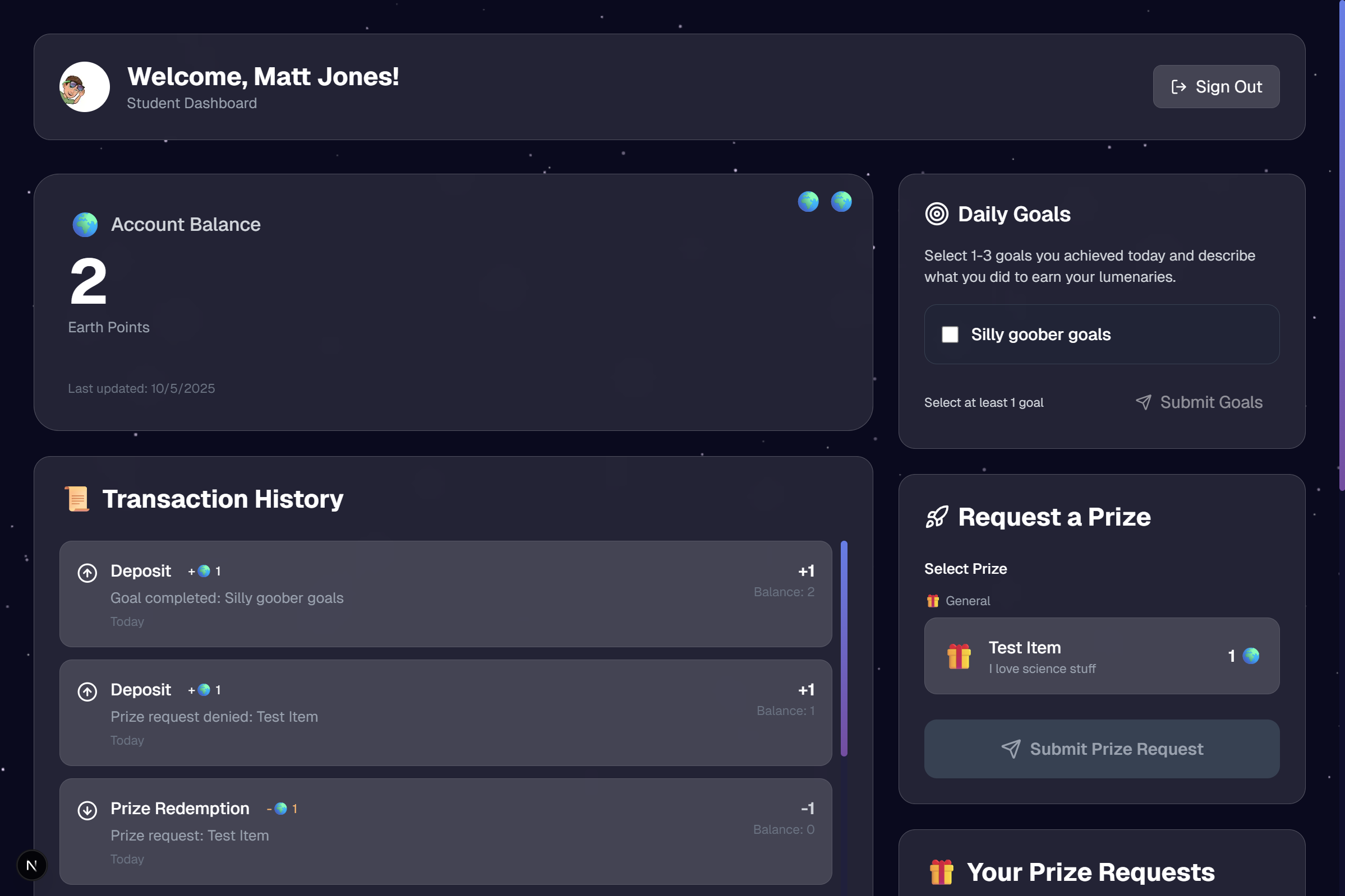 Student Dashboard with balance, goal item progress, and ways to earn
