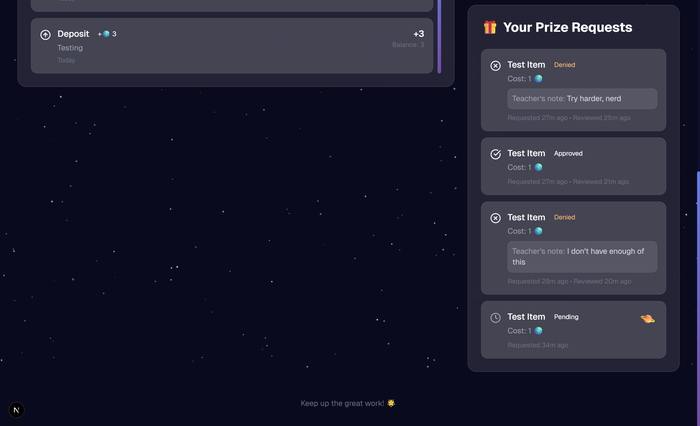 Student Dashboard bottom section with transaction history and submission controls