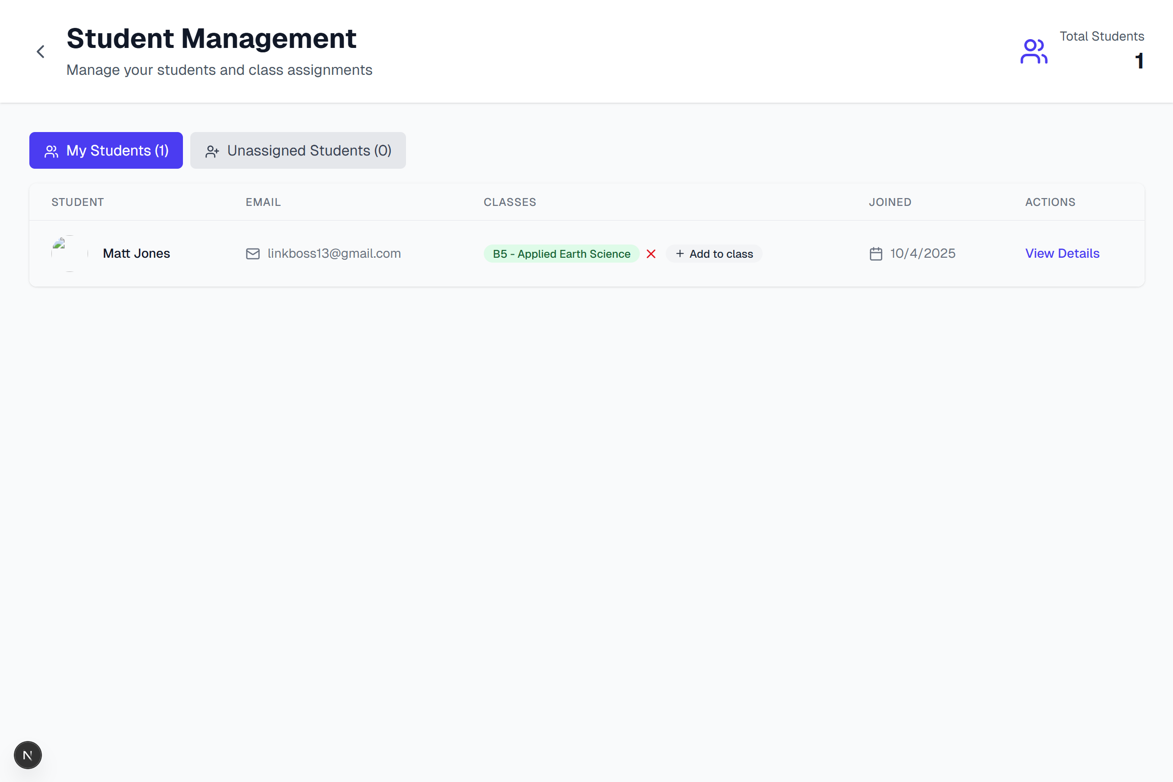 Student Management view for adding students, editing details, and grouping