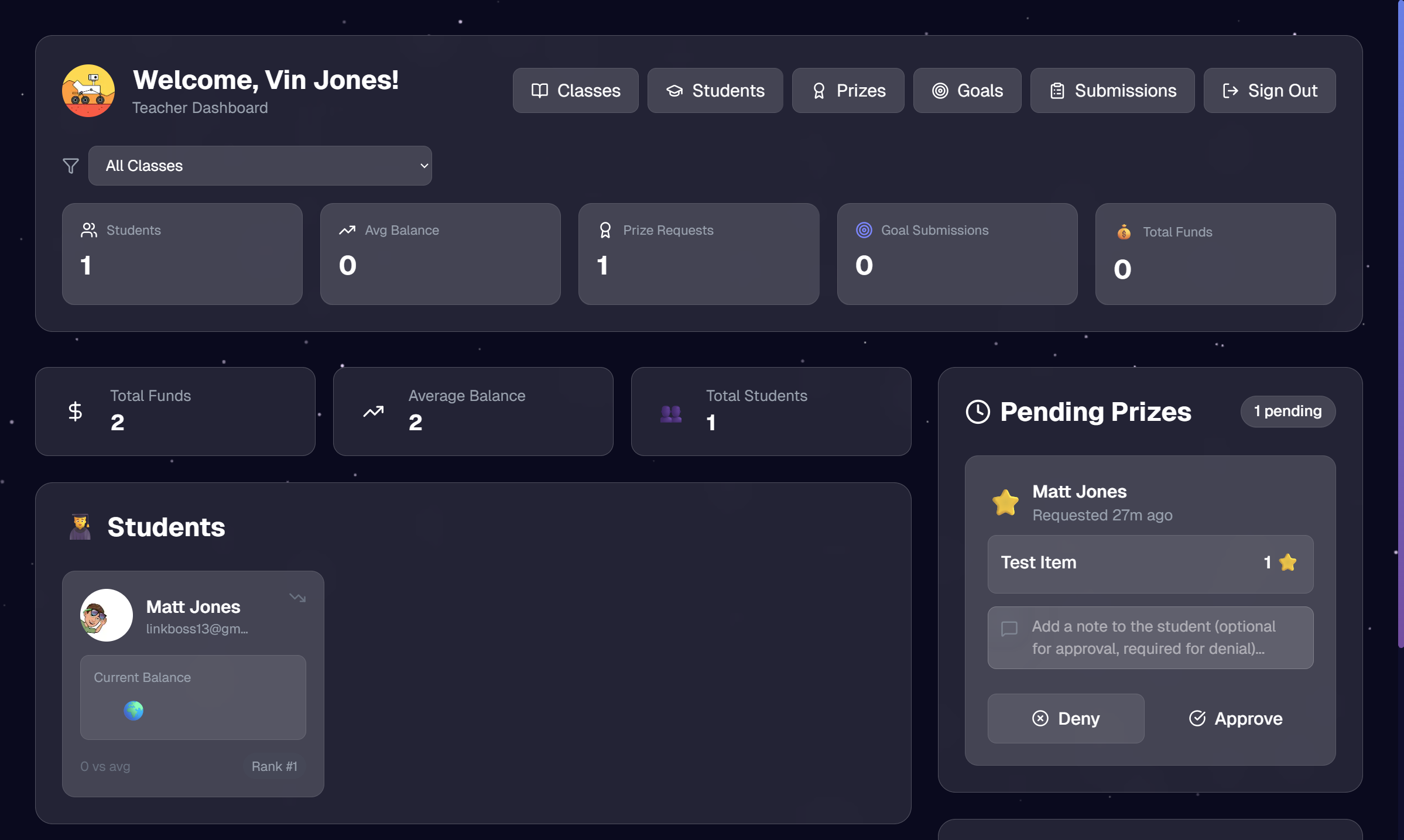 Teacher Dashboard overview of balances, submissions, and quick actions